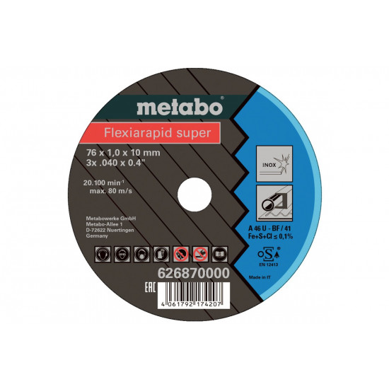 Metabo vágótárcsa 76x1,0x10,0 FLEXIARAPID SUPER INOX TF 41 (5db)